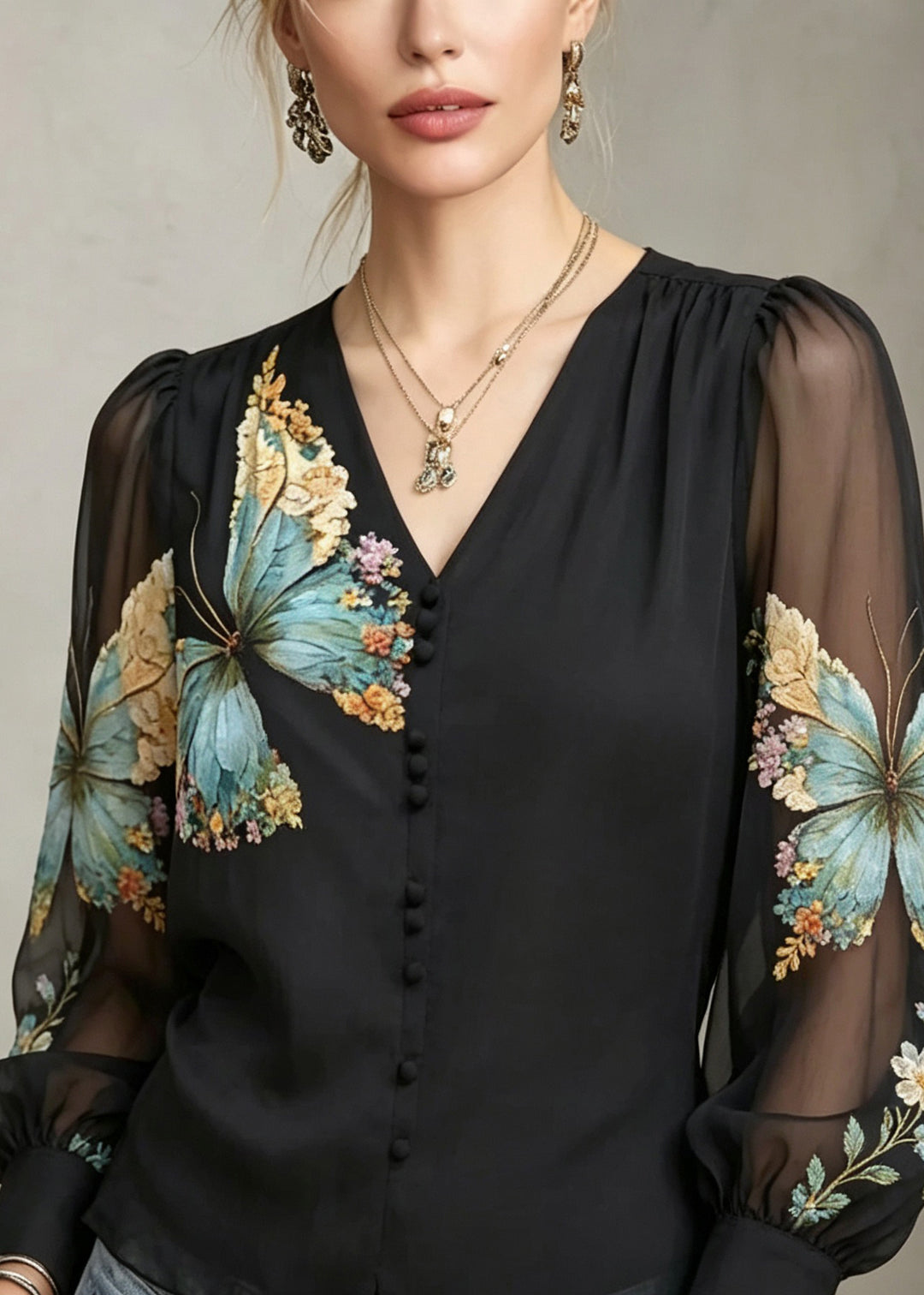 Women Black V Neck Print Patchwork Tulle Tops Fall