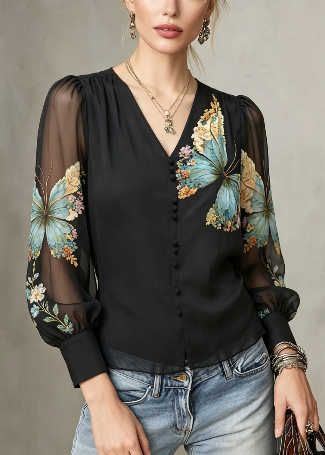 Women Black V Neck Print Patchwork Tulle Tops Fall