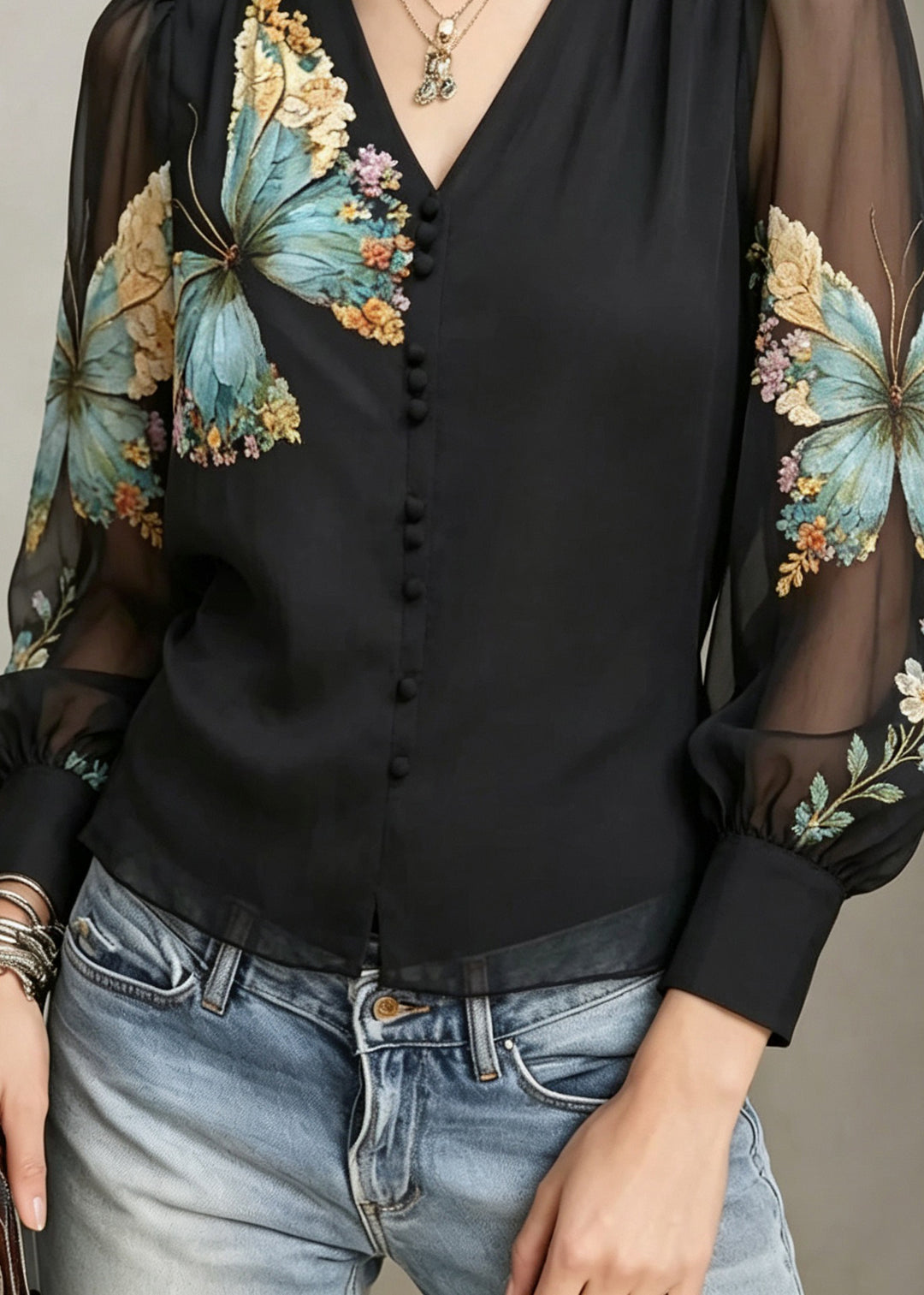 Women Black V Neck Print Patchwork Tulle Tops Fall