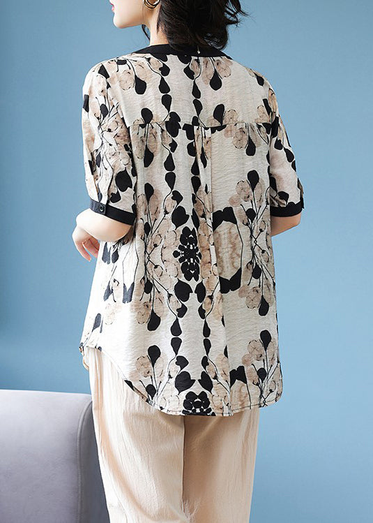 Women Black V Neck Print Rivet Chiffon Tops Summer