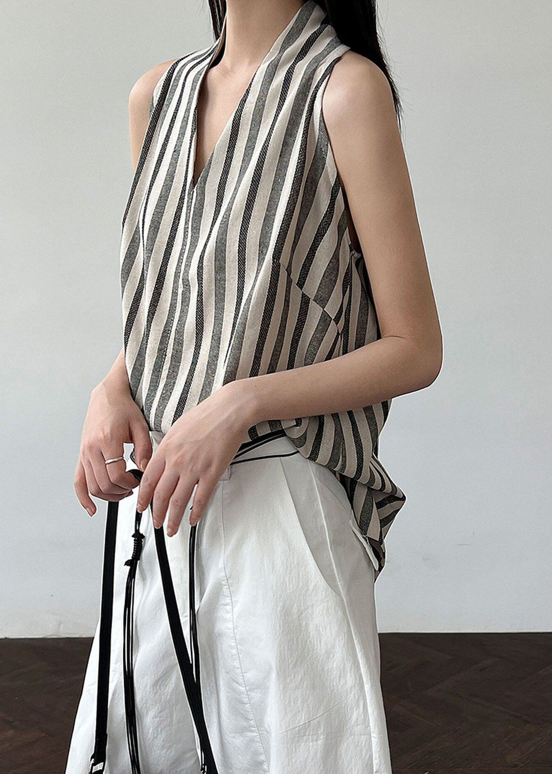 Women Black V Neck Striped Cotton Top Sleeveless