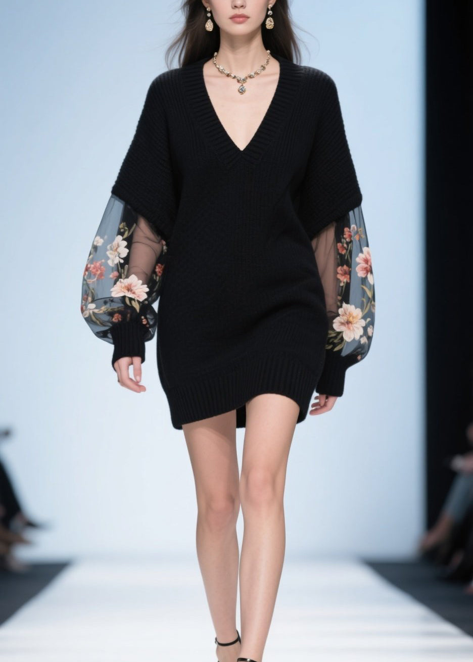 Women Black V Neck Tulle Floral Patchwork Knit Sweater Fall