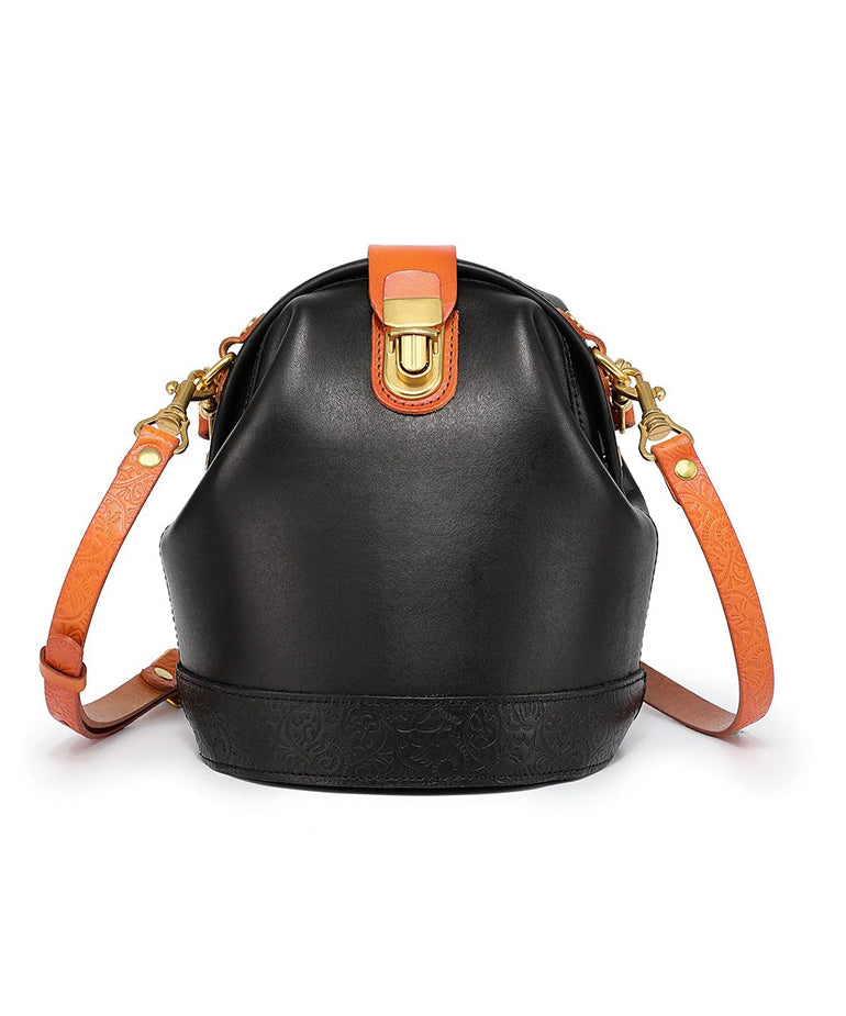 Women Black Versatile Durable Calf Leather Bucket Bag