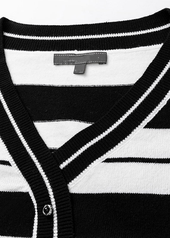 Women Black White Striped V Neck Cotton Knit Sweater Fall