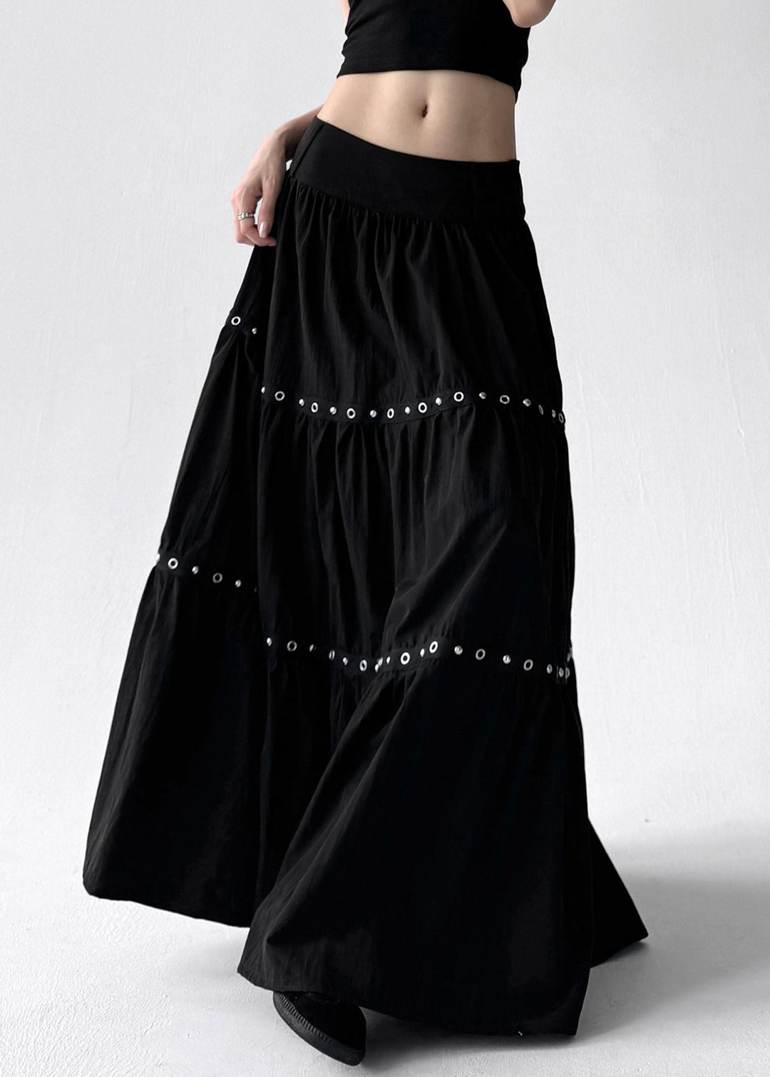 Women Black Wrinkled Patchwork Elastic Waist Cotton A Line Skirts Summer