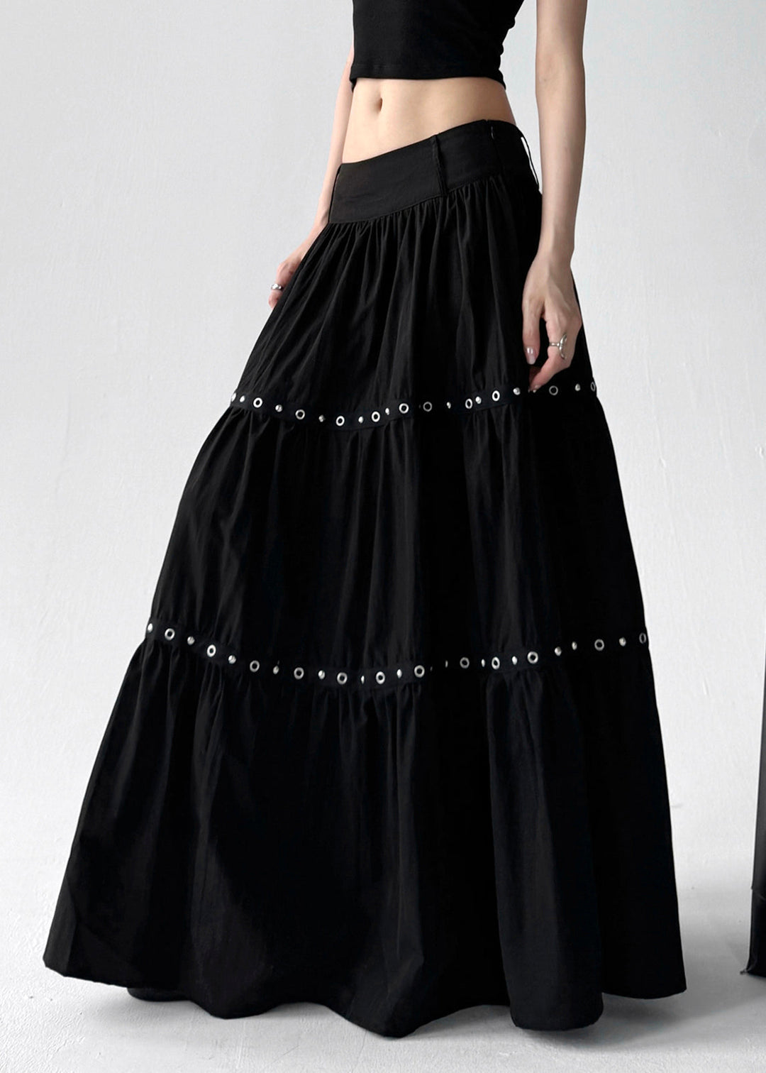 Women Black Wrinkled Patchwork Elastic Waist Cotton A Line Skirts Summer