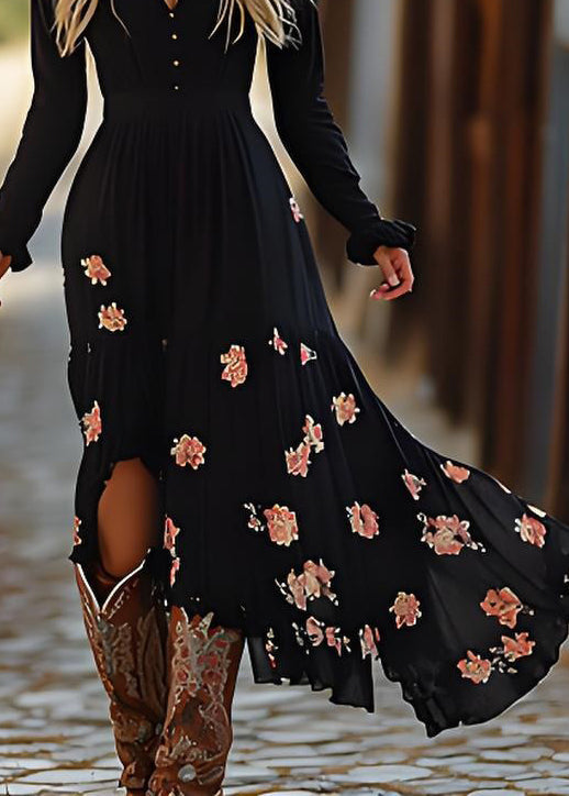 Women Black Wrinkled Print Cotton Maxi Dresses Spring
