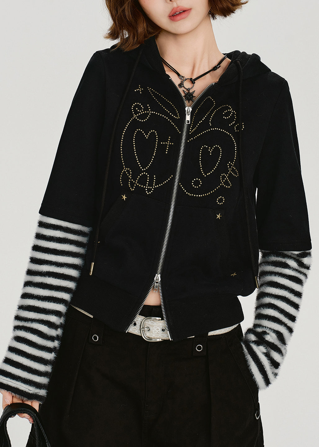 Women Black Zip Up Patchwork Cotton Hooded Coat Spring