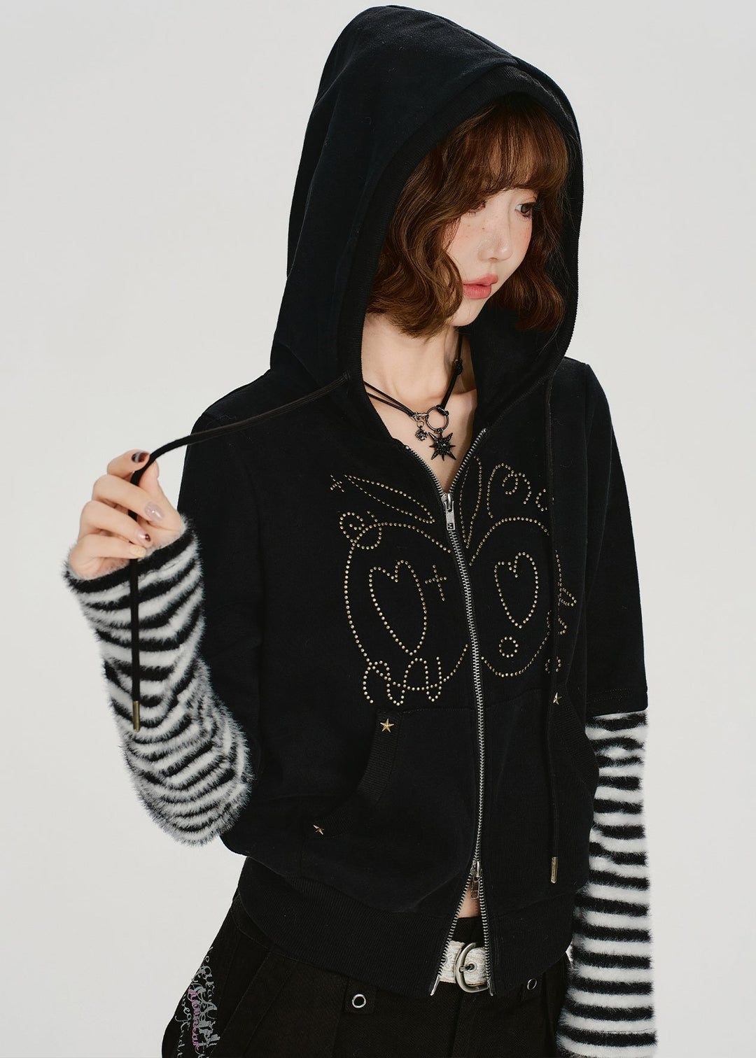 Women Black Zip Up Patchwork Cotton Hooded Coat Spring