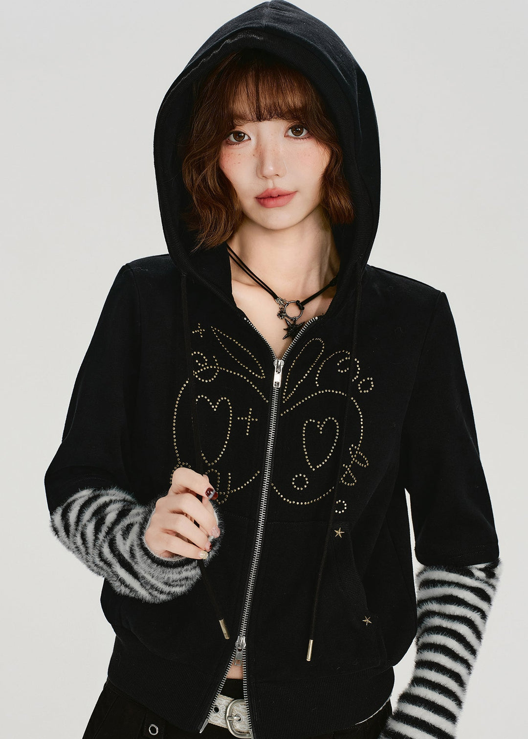 Women Black Zip Up Patchwork Cotton Hooded Coat Spring