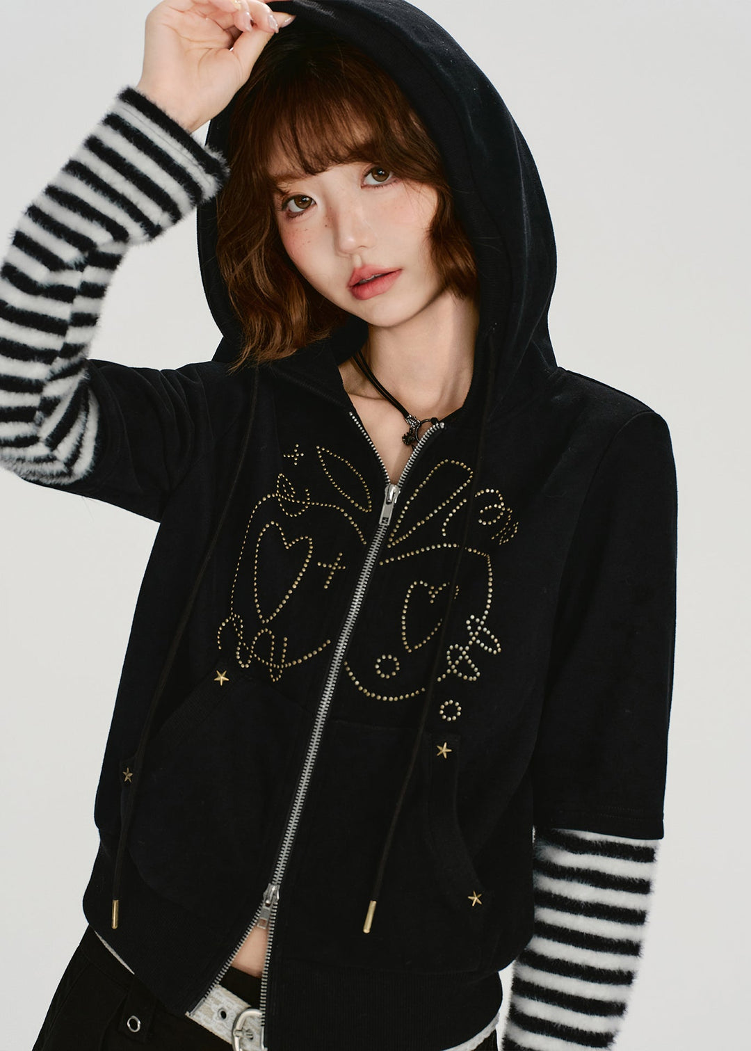Women Black Zip Up Patchwork Cotton Hooded Coat Spring