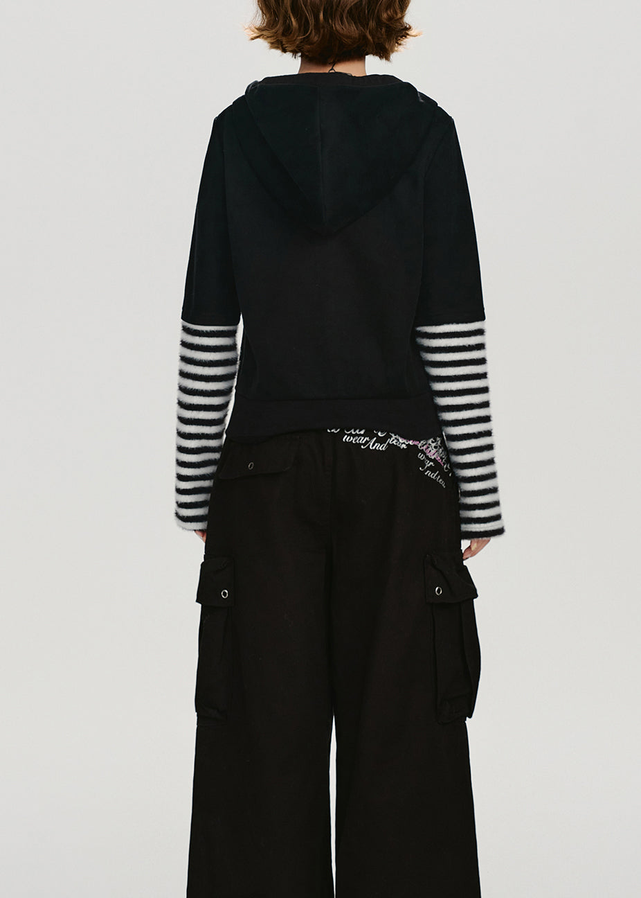 Women Black Zip Up Patchwork Cotton Hooded Coat Spring