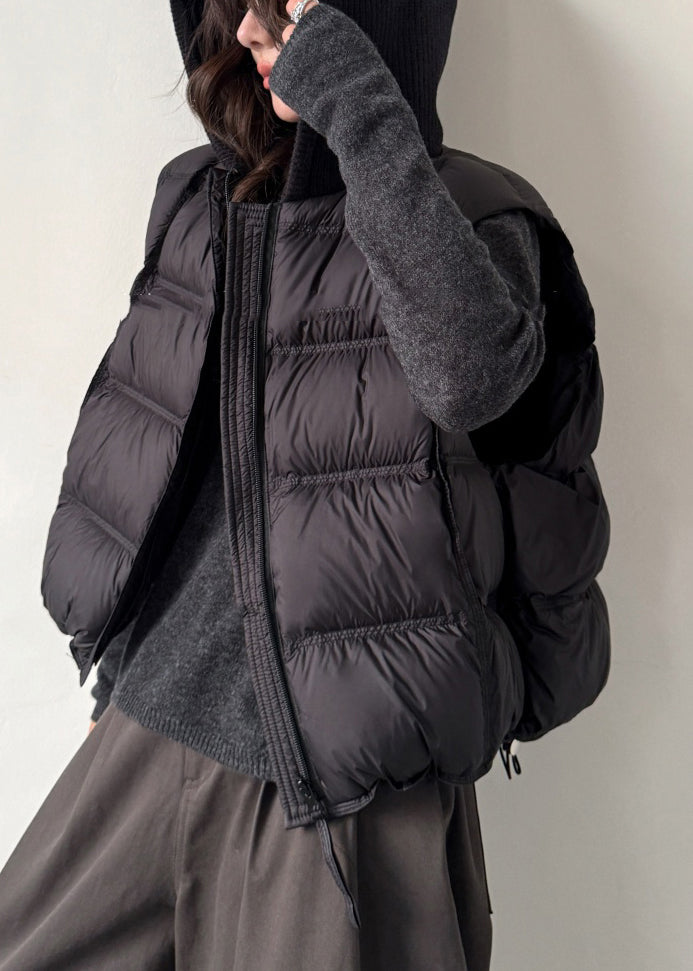Women Black Zippered Pockets Knit Patchwork Duck Down Waistcoat Sleeveless