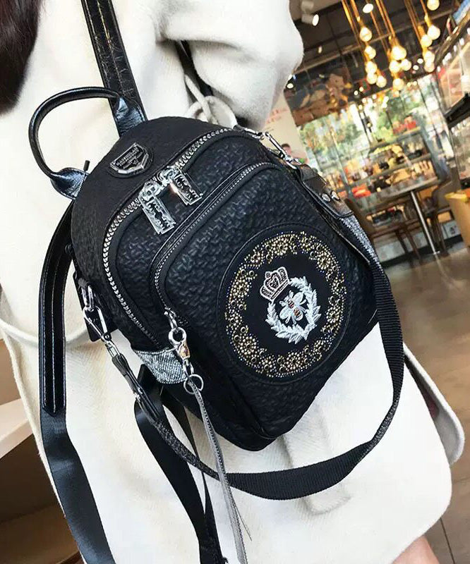 Women Black Zircon Large Capacity Calf Leather Backpack Bag