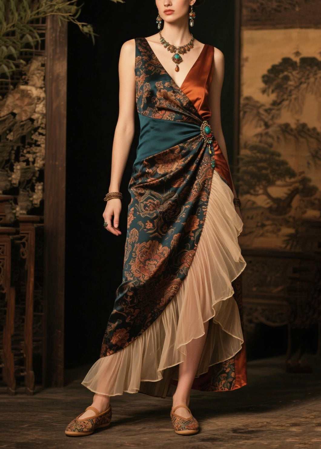Women Blackish Green Ruffles Patchwork Print Silk Cami Dress Summer