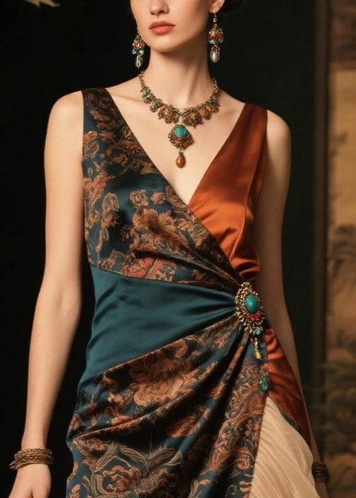 Women Blackish Green Ruffles Patchwork Print Silk Cami Dress Summer