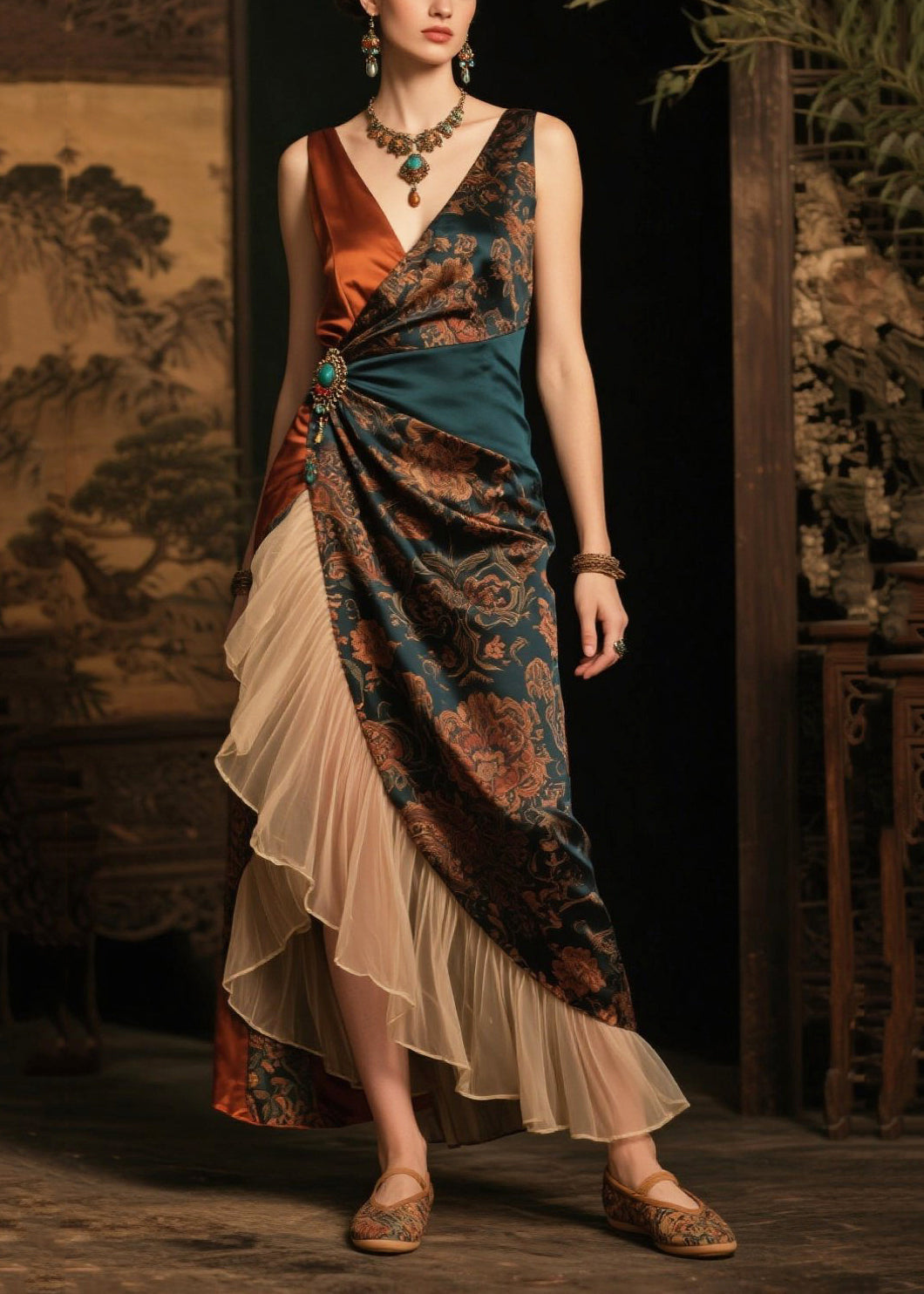 Women Blackish Green Ruffles Patchwork Print Silk Cami Dress Summer