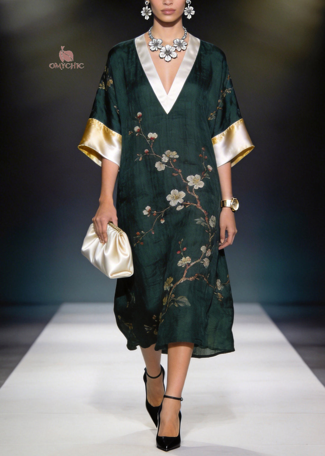 Women Blackish Green V Neck Print Patchwork Linen Silk Dress Summer