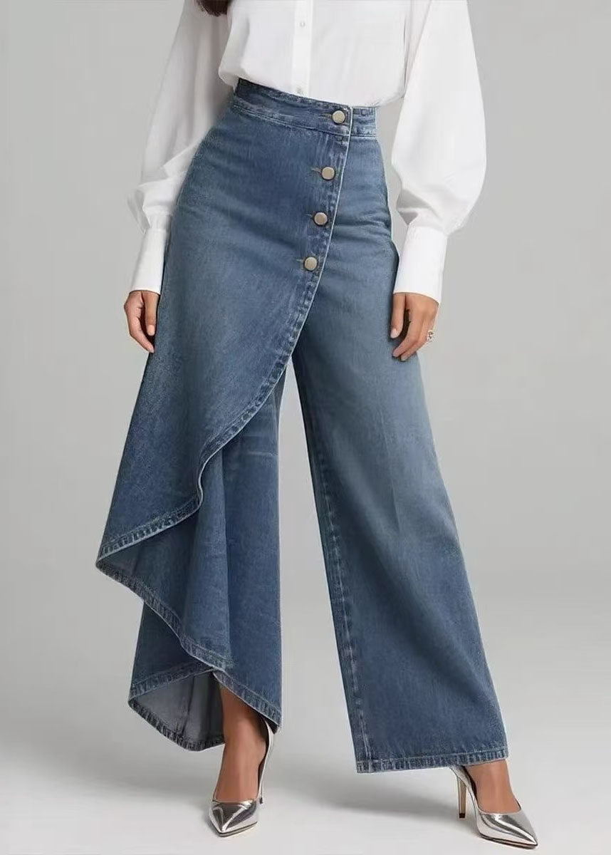 Women Blue Asymmetrical Patchwork Denim Pants Spring