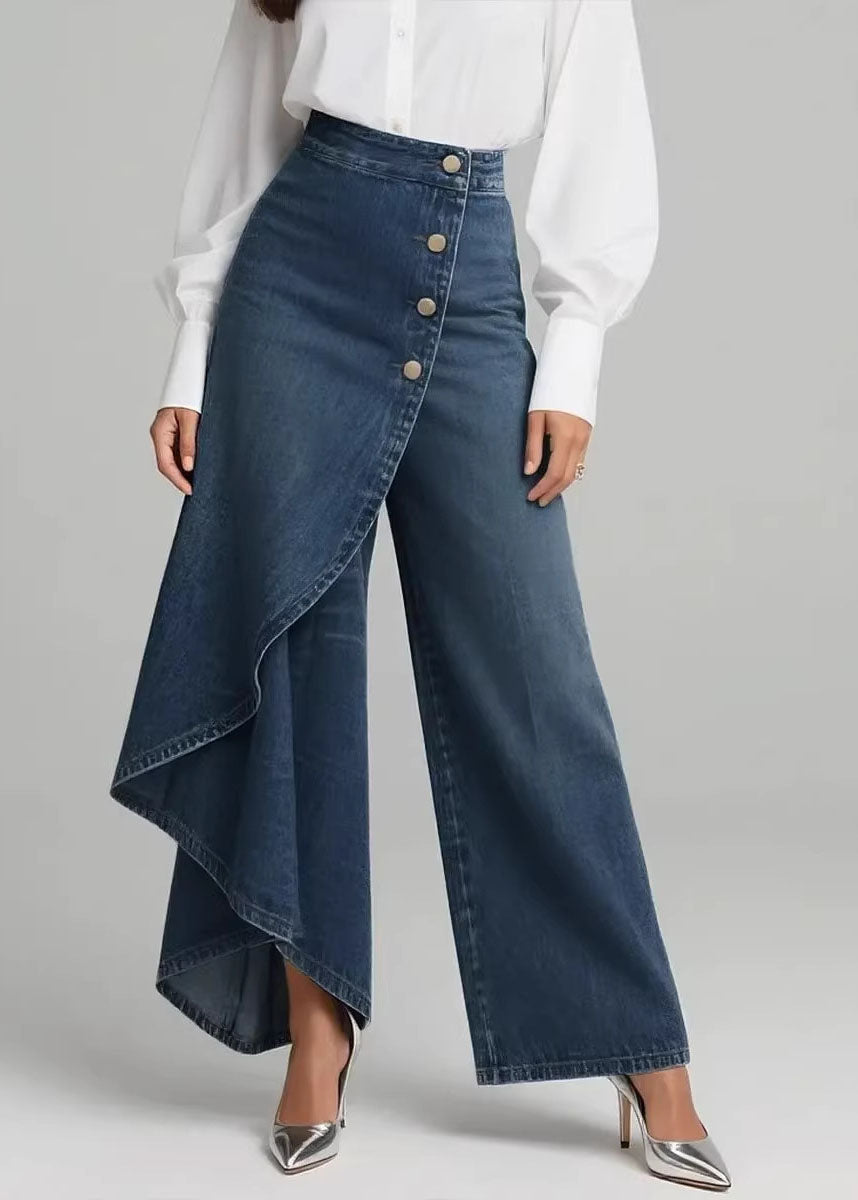 Women Blue Asymmetrical Patchwork Denim Pants Spring