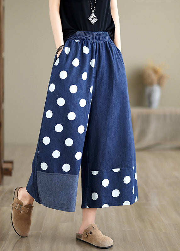 Women Blue Asymmetrical Patchwork Dot Print Pockets Wide Leg Pants Summer