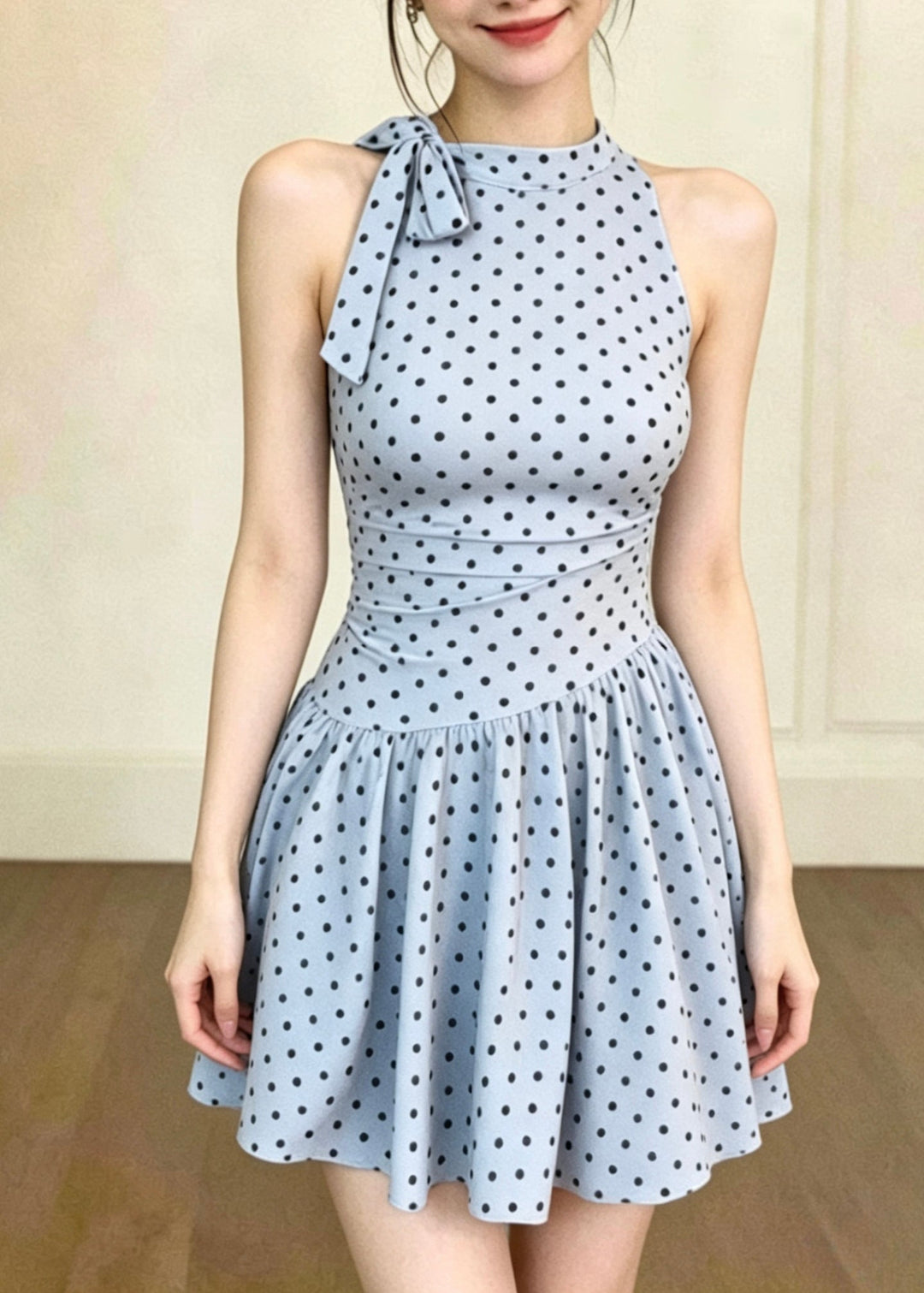 Women Blue Bow Dot Print Swimwear Dress Bodysuits