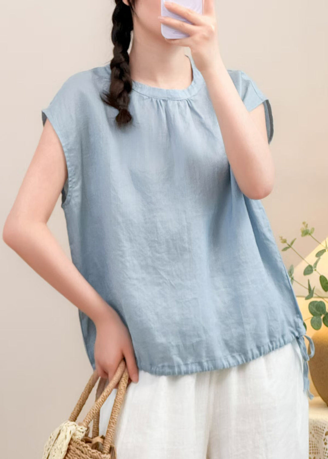 Women Blue Button Lace Up Solid Linen Shirts Summer