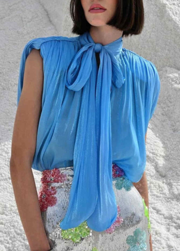 Women Blue Cinched Lace Up Chiffon Top Sleeveless