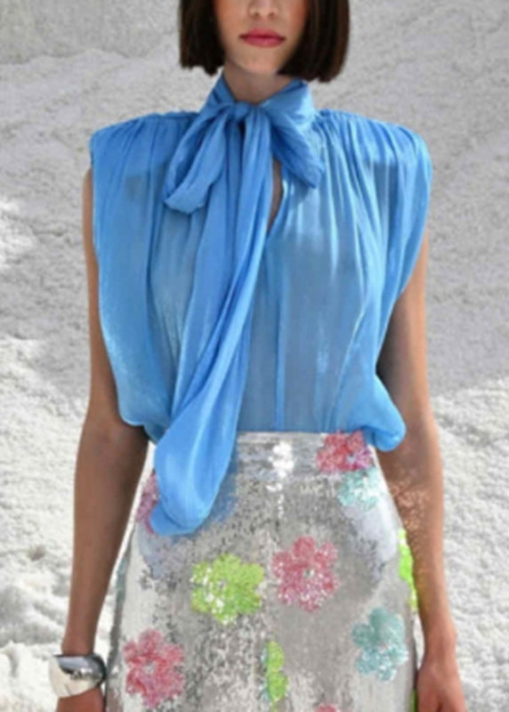 Women Blue Cinched Lace Up Chiffon Top Sleeveless