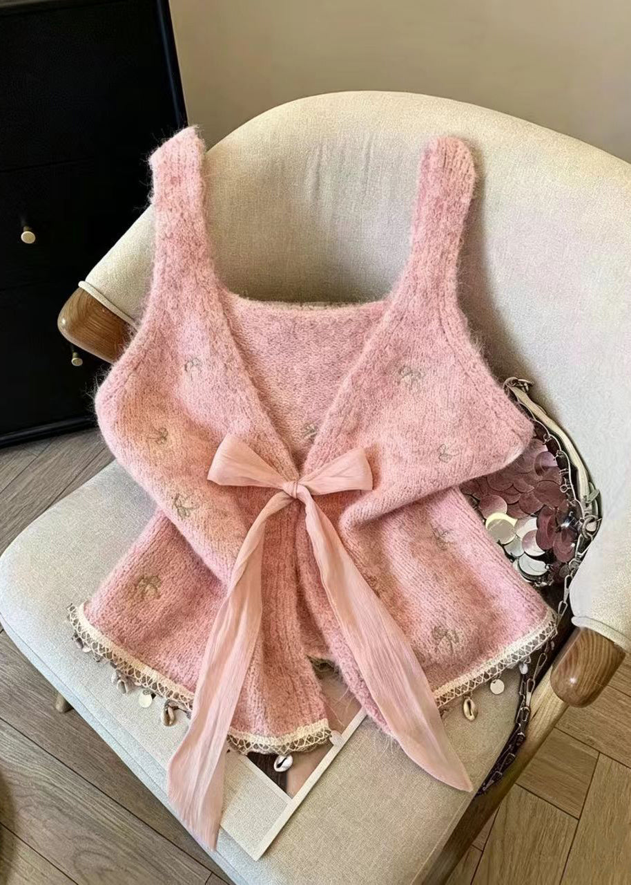 Women Blue Embroidered Butterfly Tassel Knit Waistcoat Sleeveless