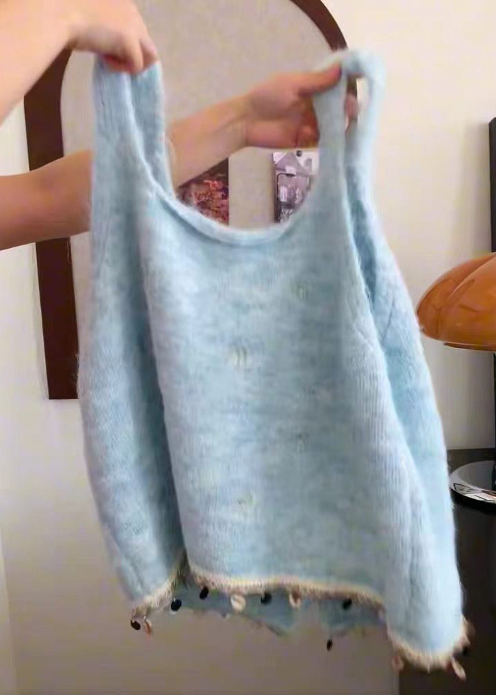 Women Blue Embroidered Butterfly Tassel Knit Waistcoat Sleeveless