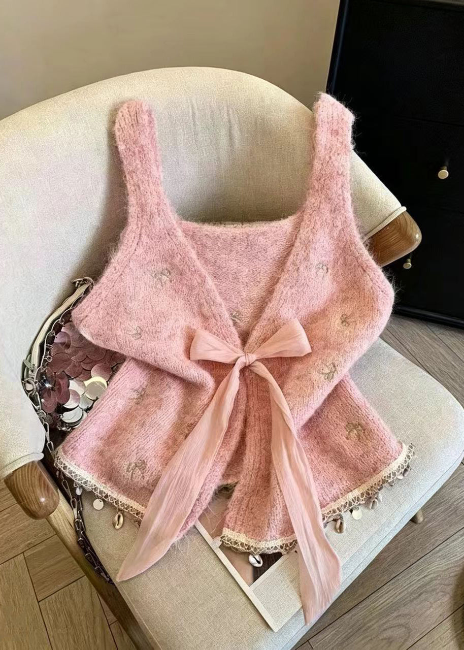 Women Blue Embroidered Butterfly Tassel Knit Waistcoat Sleeveless