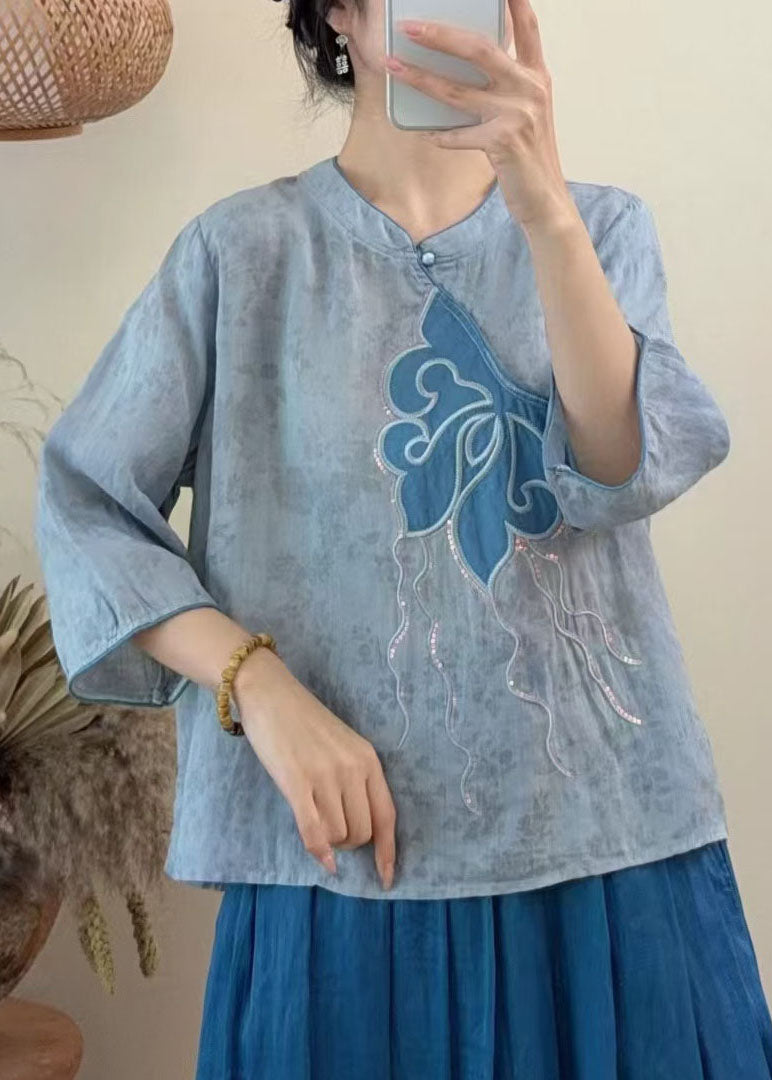 Women Blue Embroidered Sequins Linen Shirt Tops Summer
