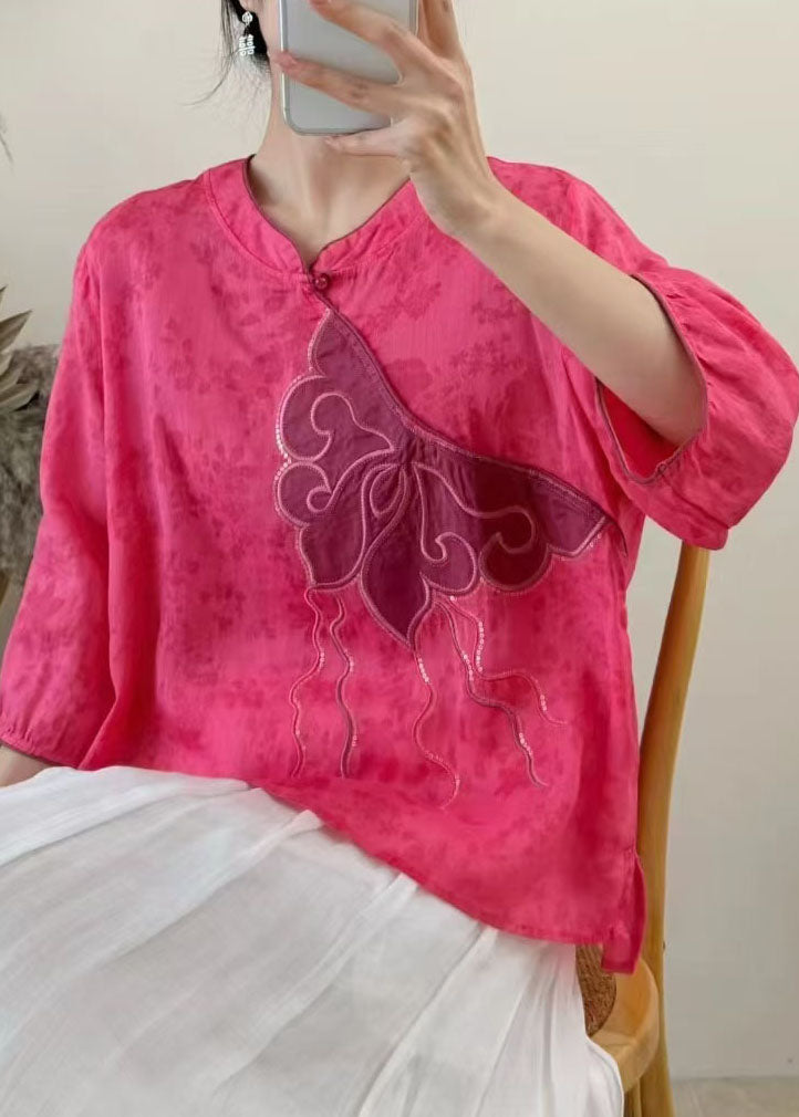 Women Blue Embroidered Sequins Linen Shirt Tops Summer