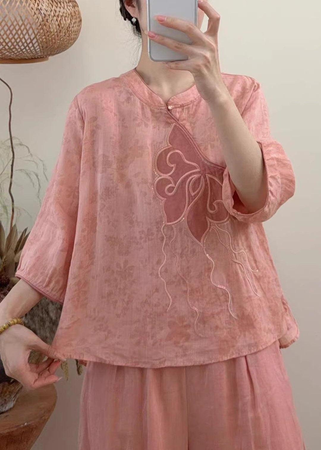 Women Blue Embroidered Sequins Linen Shirt Tops Summer