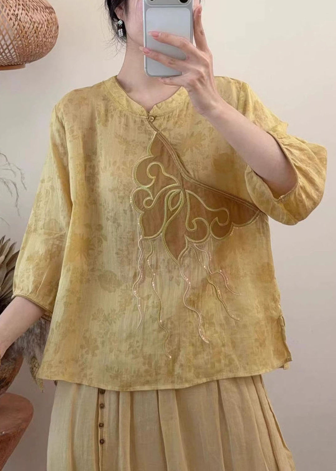Women Blue Embroidered Sequins Linen Shirt Tops Summer