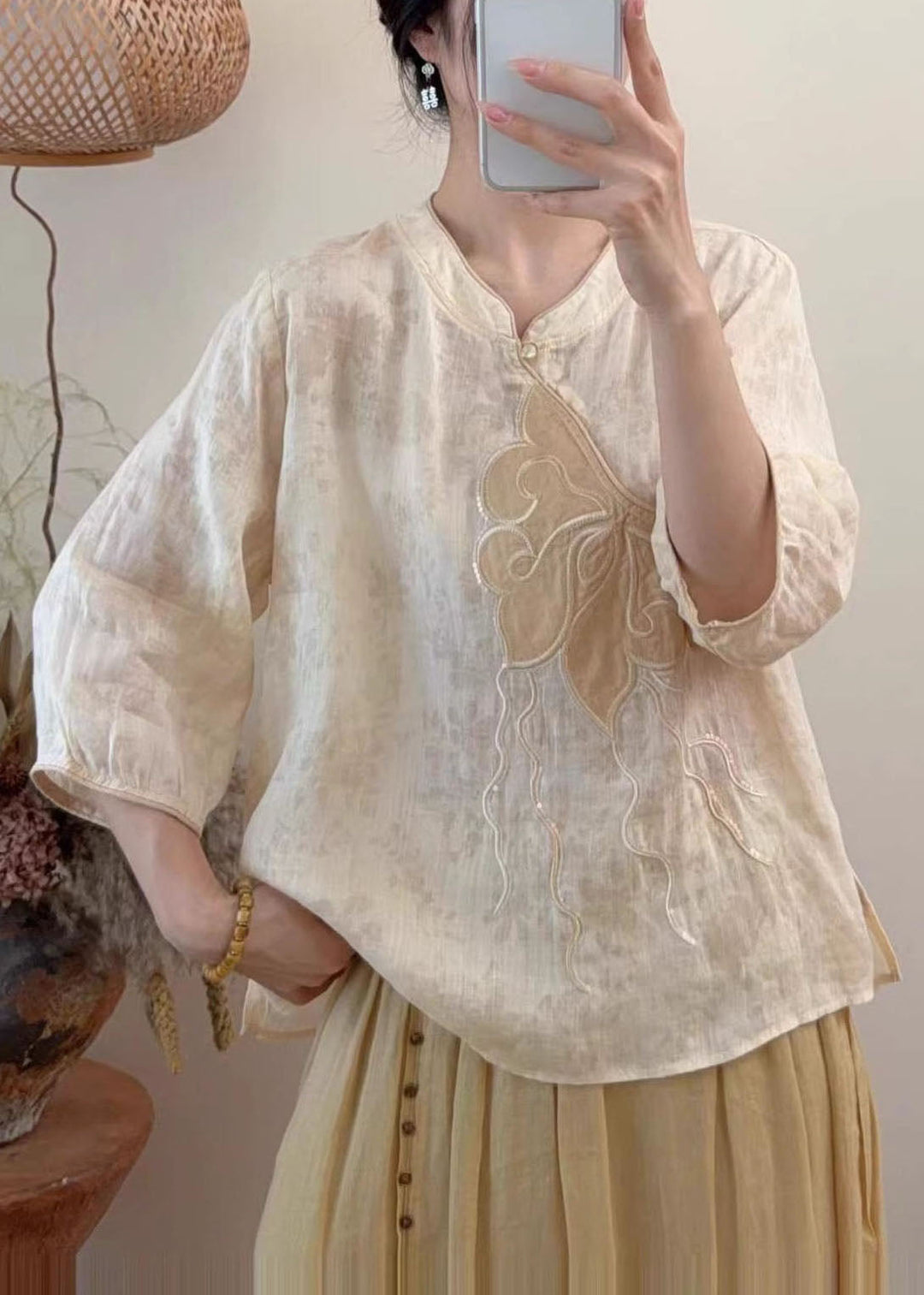 Women Blue Embroidered Sequins Linen Shirt Tops Summer