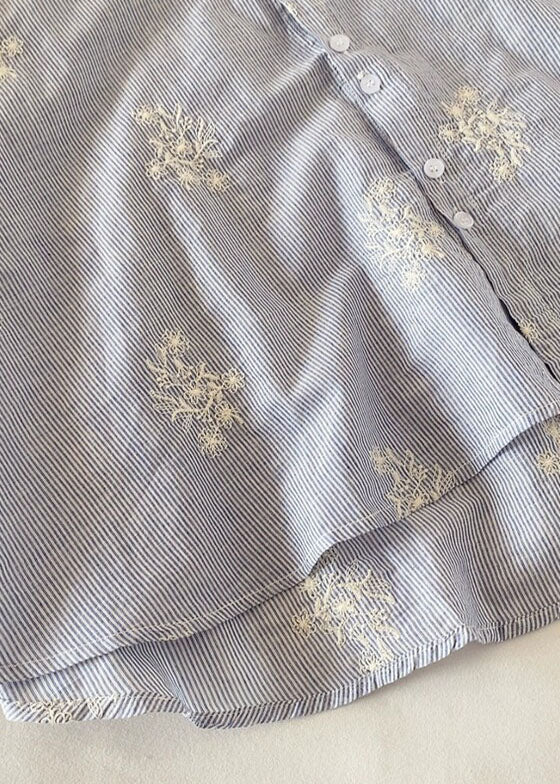 Women Blue Embroidered Striped Cotton Top Half Sleeve