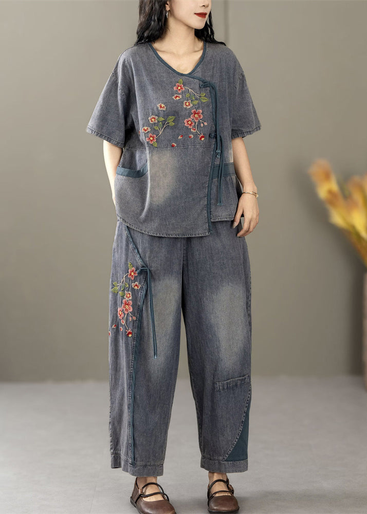 Women Blue Embroidered Tops And Crop Pants Denim Two Pieces Set Summer