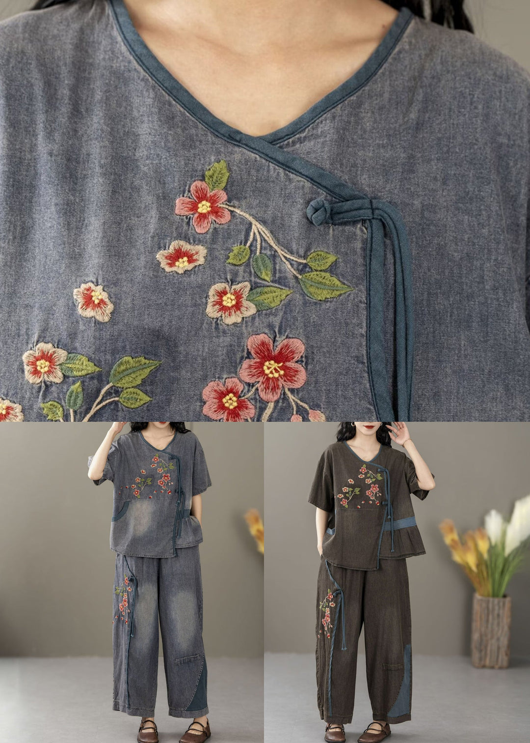 Women Blue Embroidered Tops And Crop Pants Denim Two Pieces Set Summer