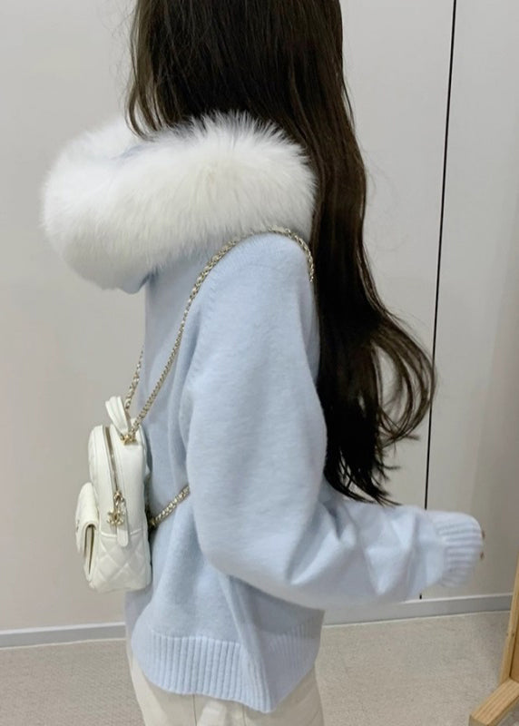 Women Blue Fur Collar Zippered Solid Knit Coats Winter