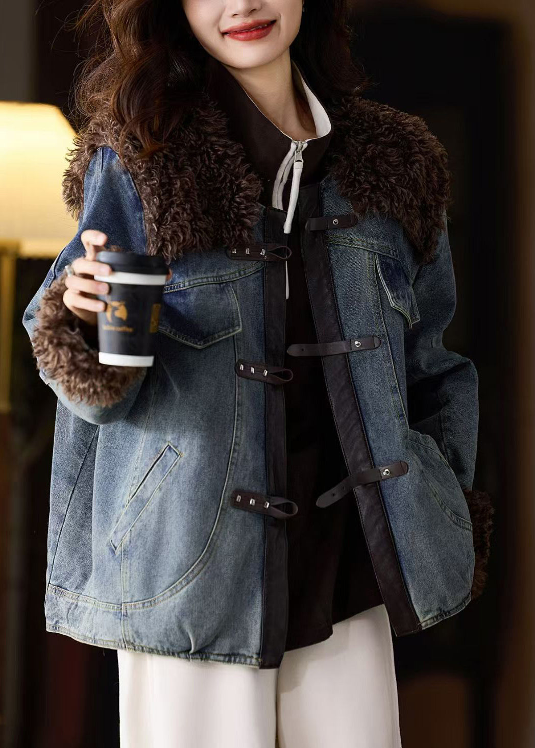Women Blue Fur Patchwork Denim Fine Cotton Filled Jacket Winter