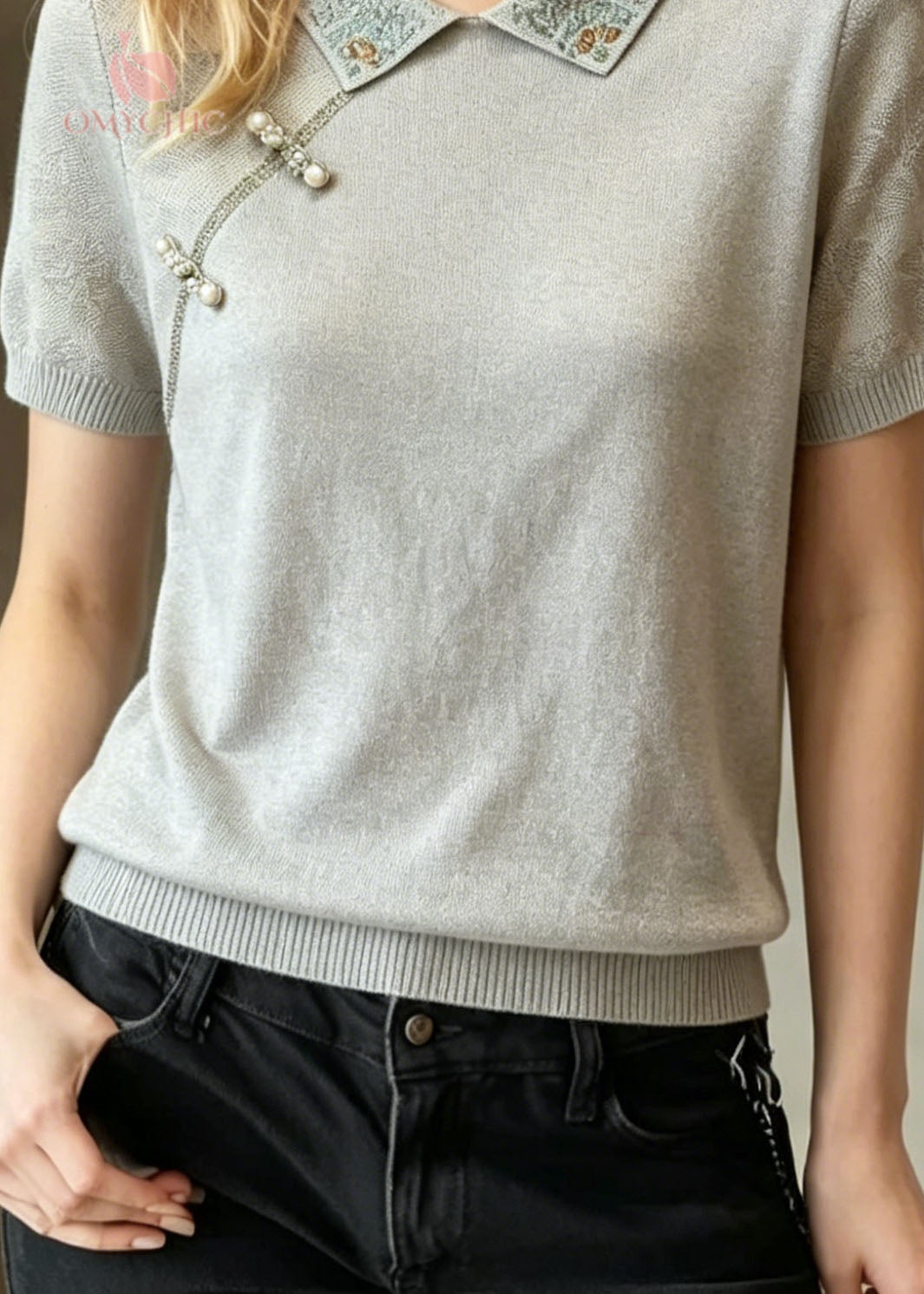 Women Blue Grey Peter Pan Collar Zircon Nail Bead Knit T Shirt Summer