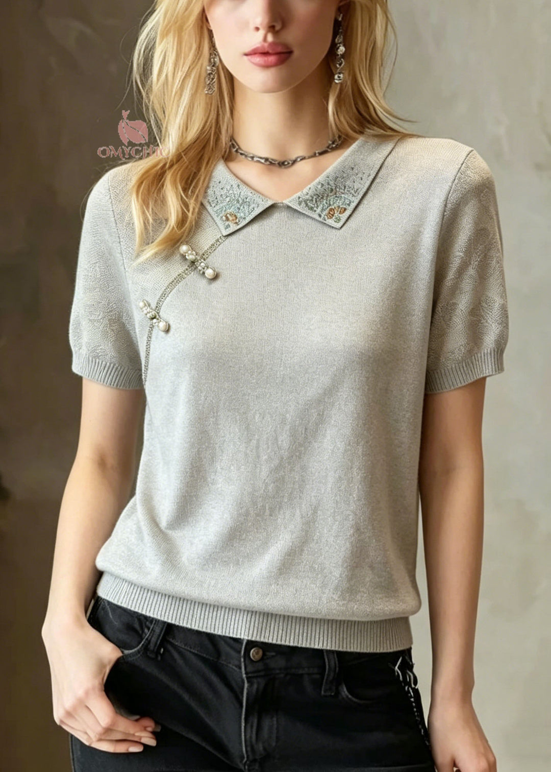 Women Blue Grey Peter Pan Collar Zircon Nail Bead Knit T Shirt Summer