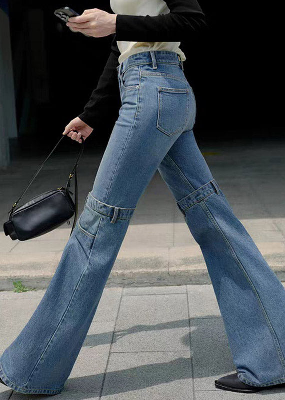 Women Blue High Waist Patchwork Flared Jeans Spring