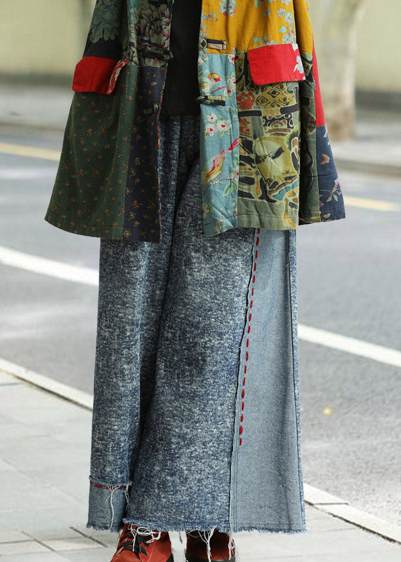 Women Blue High Waist Patchwork Wide Leg Jeans