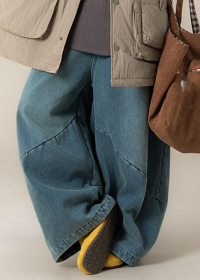 Women Blue High Waist Patchwork Wide Leg Pants Spring