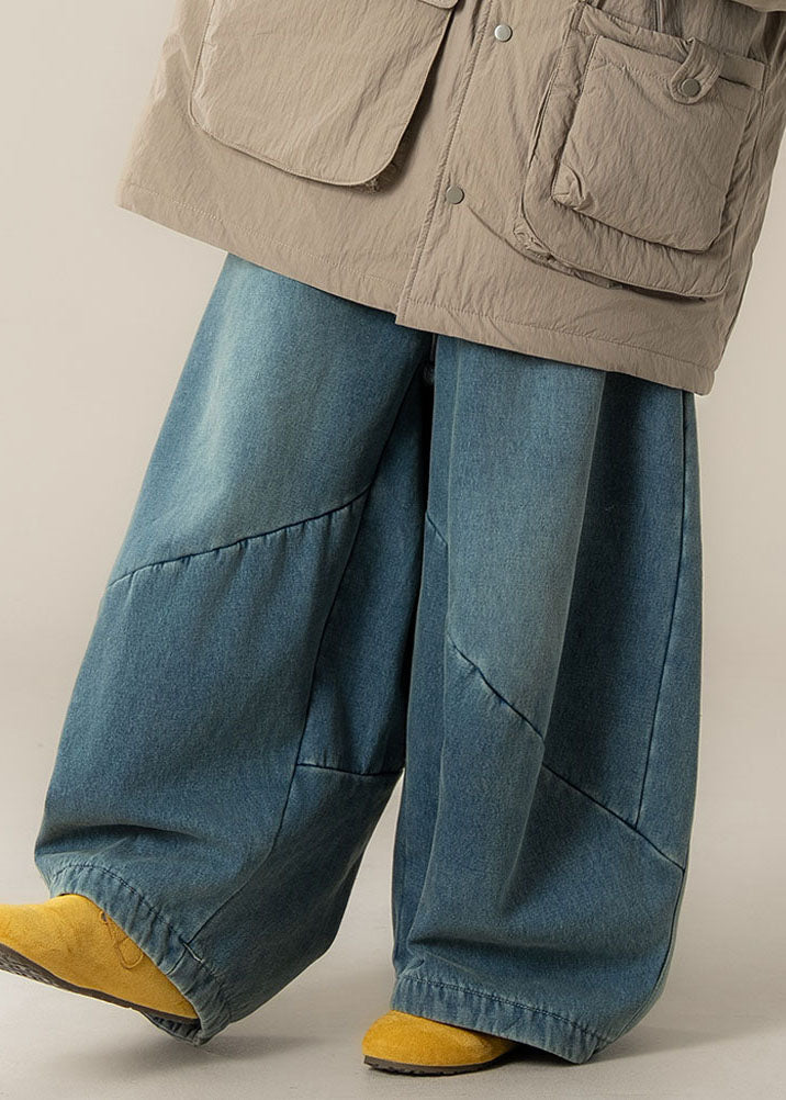 Women Blue High Waist Patchwork Wide Leg Pants Spring