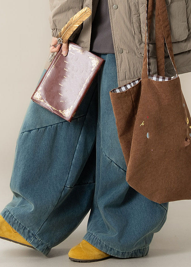 Women Blue High Waist Patchwork Wide Leg Pants Spring