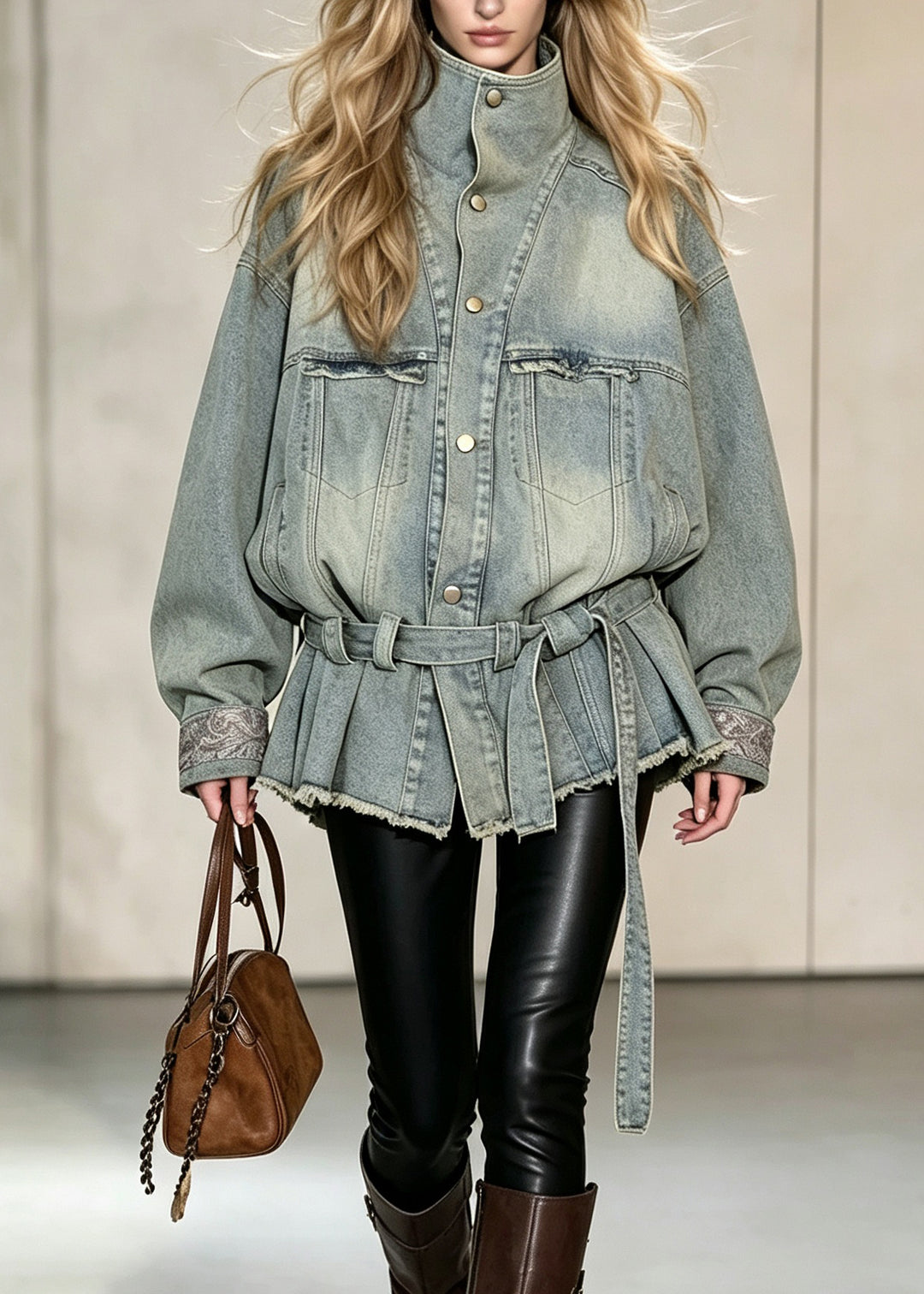 Women Blue Hign Neck Lace Up Patchwork Denim Coat Fall